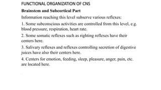FUNCTIONAL ORGANIZATION OF CNS
Brainstem and Subcortical Part
Information reaching this level subserve various reflexes:
1. Some subconscious activities are controlled from this level, e.g.
blood pressure, respiration, heart rate.
2. Some somatic reflexes such as righting reflexes have their
centers here.
3. Salivary reflexes and reflexes controlling secretion of digestive
juices have also their centers here.
4. Centers for emotion, feeding, sleep, pleasure, anger, pain, etc.
are located here.
.
 