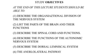 STUDY OBJECTIVES
AT THE END OF THIS LECTURE STUDENTS SHOULD BE
ABLE TO:
(1) DESCRIBE THE ORGANIAZTIONAL DIVISION OF
THE NERVOUS SYSTEM
(2) LIST THE PARTS OF THE BRAIN AND THEIR
FUNCTIONS
(3) DESCRIBE THE SPINAL CORD AND FUNCTIONS.
(4) DESCRIBE THE FUNCTIONS OF THE AUTONOMIC
NERVOUS SYSTEM
(5) DESCIRBE THE DORSAL LEMNISCAL SYSTEM
(6) THE ANERLOLATERAL PATHWAY
 