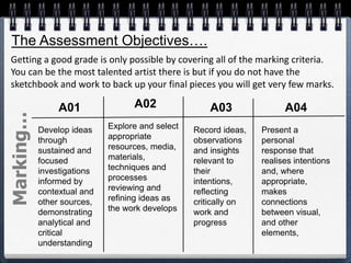 A01
Develop ideas
through
sustained and
focused
investigations
informed by
contextual and
other sources,
demonstrating
analytical and
critical
understanding
A02
Explore and select
appropriate
resources, media,
materials,
techniques and
processes
reviewing and
refining ideas as
the work develops
A03
Record ideas,
observations
and insights
relevant to
their
intentions,
reflecting
critically on
work and
progress
A04
Present a
personal
response that
realises intentions
and, where
appropriate,
makes
connections
between visual,
and other
elements,
The Assessment Objectives….
Marking…
Getting a good grade is only possible by covering all of the marking criteria.
You can be the most talented artist there is but if you do not have the
sketchbook and work to back up your final pieces you will get very few marks.
 