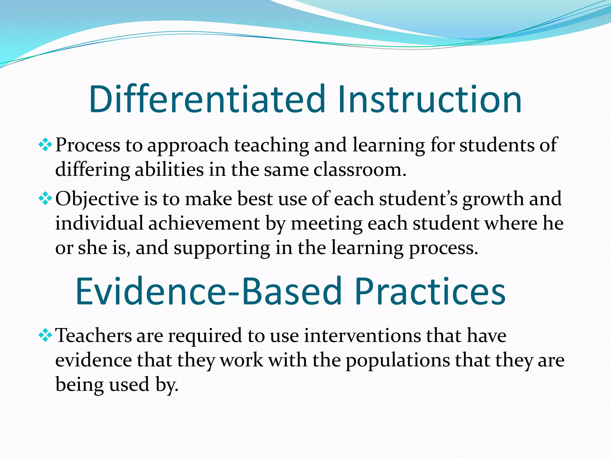 This laws provides services to students who may not classify under IDEA. These students need certain accommodations and are entitled to protection under law. ADAAmericans with Disabilities Act (ADA)- Represents broad civil rights coverage for individuals who are disabled. 