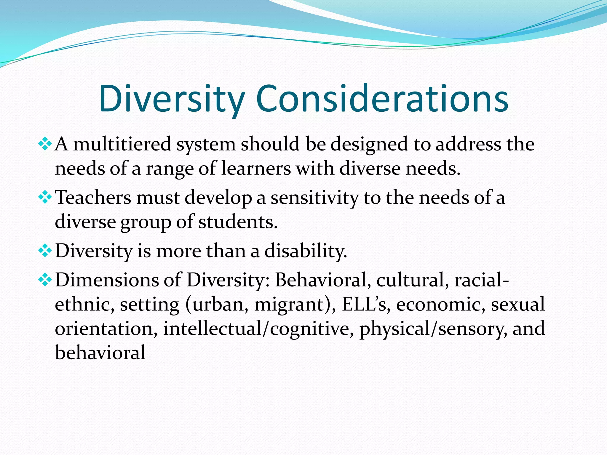 Establishes guidelines for employment, public accommodations, transportation, state and local government operations, and telecommunication systems. NCLBNo Child Left Behind Act (NCLB)- Major intent is to better serve the “neediest” of students in schools and to hold schools more accountable. 