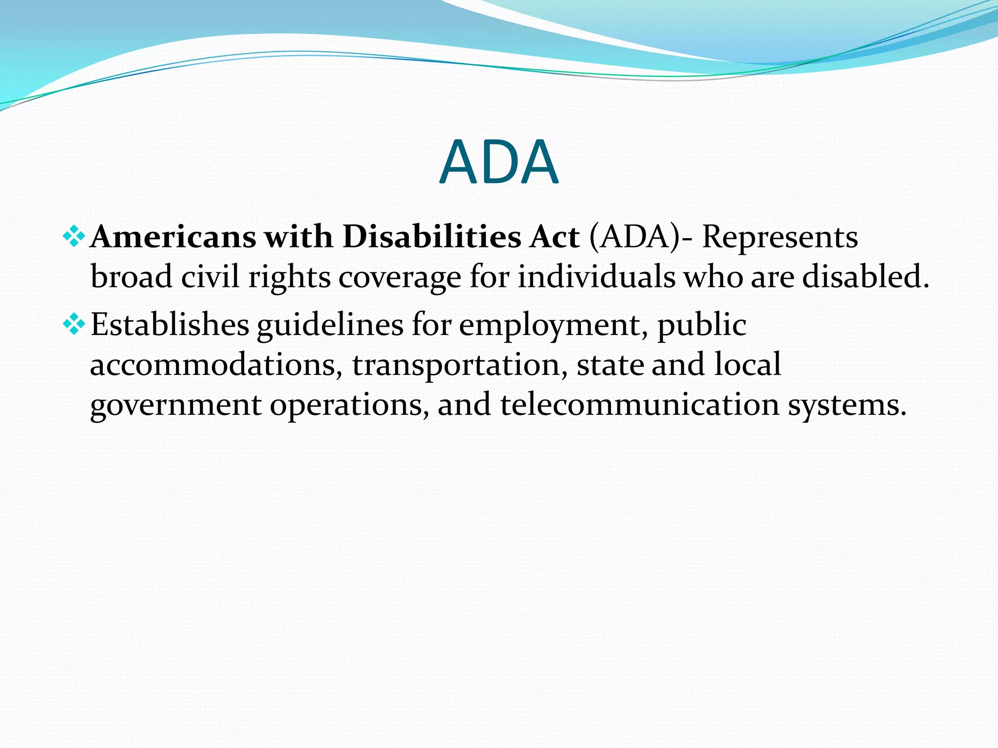 IDEA ContinuedIndividual Education Program (IEP)- A written document summarizing a students’ learning program and is required for every student who qualifies for services. Major purpose is to establish learning goals for a student which depend on an analysis of the student’s present level of performance. Least Restrictive Environment (LRE)- Schools must educate children with disabilities in the general education setting with their peers who are nondisabled. Provides an opportunity for students to attend school in the most inclusive setting possible. IDEA ContinuedParent and Student Participation in Decision Making-Parents have the right to challenge or appeal any decision related to any part of the special education process. They also have the right to obtain an independent educational evaluation (IEE) of their child. Procedural Safeguards- Parents have the right to: Educational records 