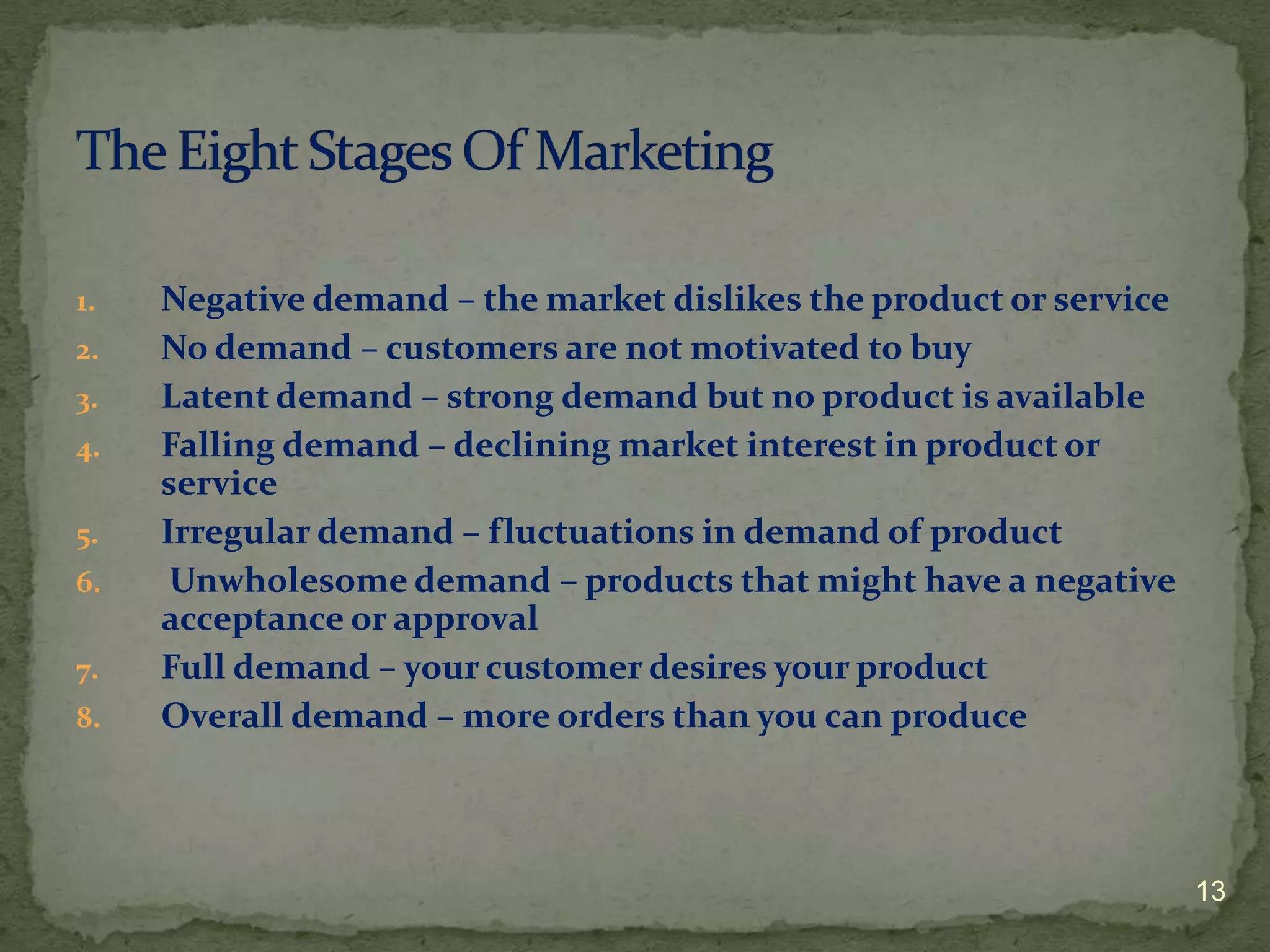 1.   Negative demand – the market dislikes the product or service
2.   No demand – customers are not motivated to buy
3.   Latent demand – strong demand but no product is available
4.   Falling demand – declining market interest in product or
     service
5.   Irregular demand – fluctuations in demand of product
6.    Unwholesome demand – products that might have a negative
     acceptance or approval
7.   Full demand – your customer desires your product
8.   Overall demand – more orders than you can produce



                                                                    13
 