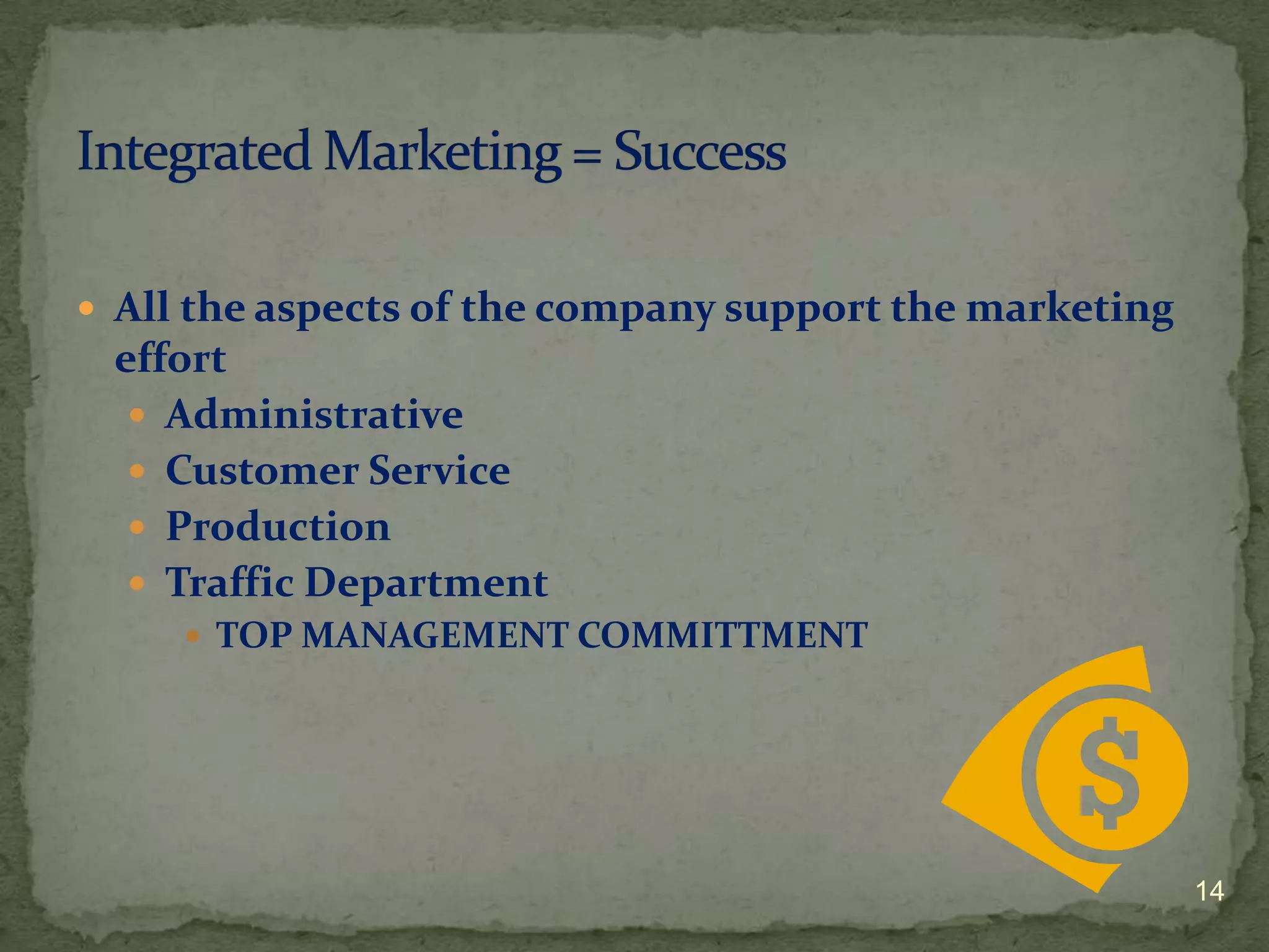  All the aspects of the company support the marketing
 effort
   Administrative
   Customer Service
   Production
   Traffic Department
      TOP MANAGEMENT COMMITTMENT




                                                         14
 