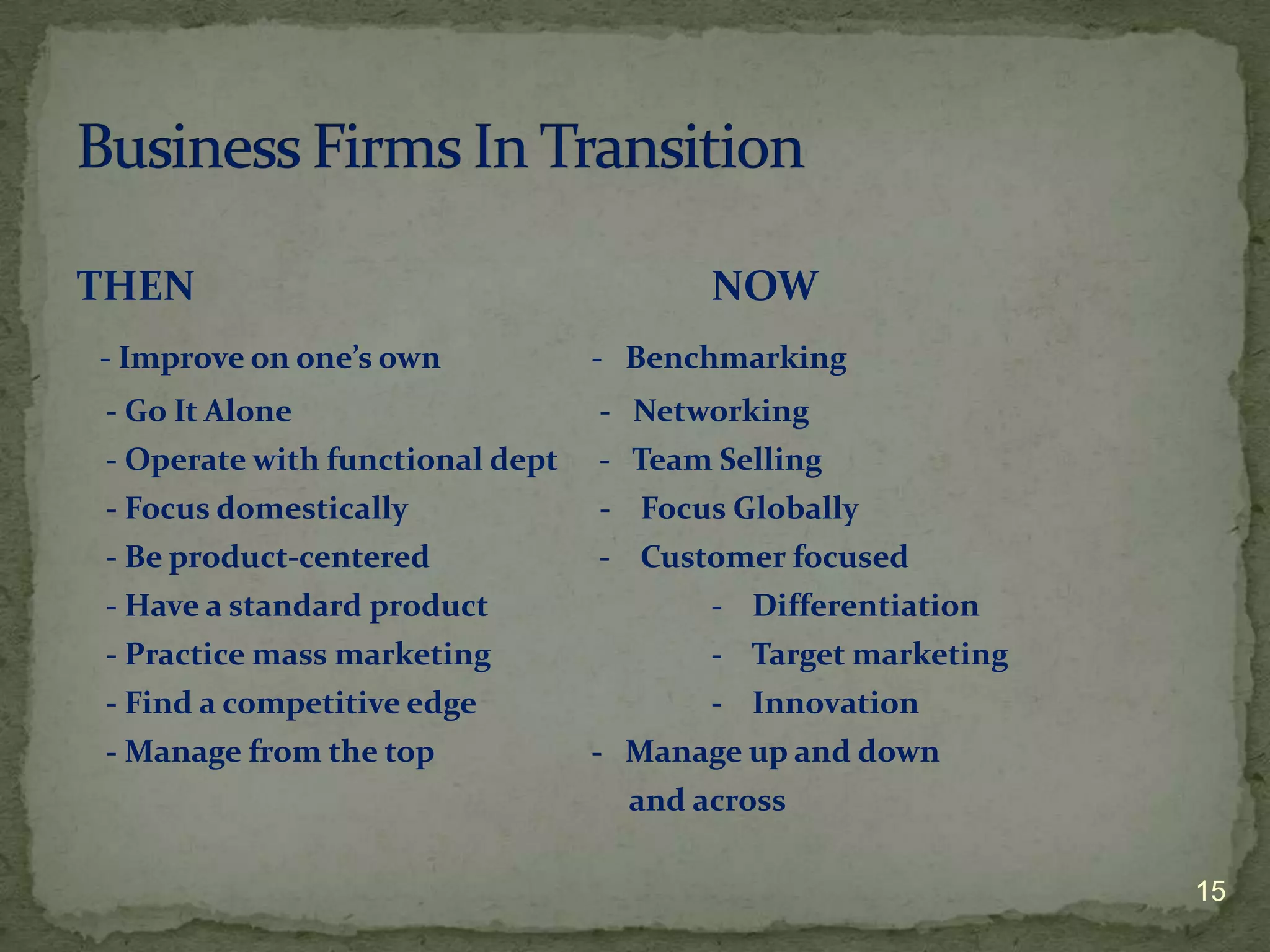 THEN                                     NOW
- Improve on one’s own            - Benchmarking
 - Go It Alone                    - Networking
 - Operate with functional dept   - Team Selling
 - Focus domestically             - Focus Globally
 - Be product-centered            - Customer focused
 - Have a standard product               - Differentiation
 - Practice mass marketing               - Target marketing
 - Find a competitive edge               - Innovation
 - Manage from the top            - Manage up and down
                                    and across

                                                              15
 