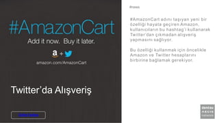 #news
Daha Fazlası
Twitter’da Alışveriş
#AmazonCart adını taşıyan yeni bir
özelliği hayata geçiren Amazon,
kullanıcıların bu hashtag’i kullanarak
Twitter‘dan çıkmadan alışveriş
yapmasını sağlıyor.
Bu özelliği kullanmak için öncelikle
Amazon ve Twitter hesaplarını
birbirine bağlamak gerekiyor.
 
