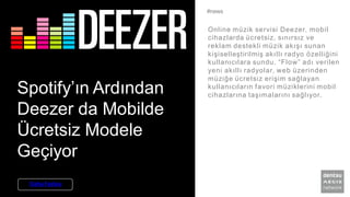 Spotify’ın Ardından
Deezer da Mobilde
Ücretsiz Modele
Geçiyor
Online müzik servisi Deezer, mobil
cihazlarda ücretsiz, sınırsız ve
reklam destekli müzik akışı sunan
kişiselleştirilmiş akıllı radyo özelliğini
kullanıcılara sundu. “Flow” adı verilen
yeni akıllı radyolar, web üzerinden
müziğe ücretsiz erişim sağlayan
kullanıcıların favori müziklerini mobil
cihazlarına taşımalarını sağlıyor.
#news
Daha Fazlası
 