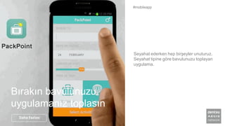 Seyahat ederken hep birşeyler unuturuz.
Seyahat tipine göre bavulunuzu toplayan
uygulama.
#mobileapp
Daha Fazlası
Bırakın bavulunuzu
uygulamanız toplasın
 