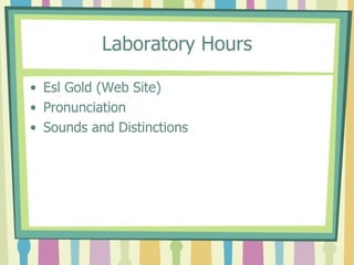 Laboratory Hours Esl Gold (Web Site) Pronunciation Sounds and Distinctions  