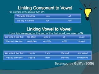For example, in the phrase "turn off":
If our lips are round at the end of the first word, we insert a W
sound
If our lips are wide at the end of the first word, we insert a Y
sound:
We write it like this turn off
We say it like this: tur noff
We write it like this: too often who is so I do all
We say it like this: tooWoften whoWis soWI doWall
We write it like this: Kay is I am the end she asked
We say it like this: KayYis IYam theYend sheYasked
Betancourt y Galiffa (2009)
 