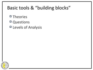 Basic tools & “building blocks”
  Theories
  Questions

  Levels of Analysis
 
