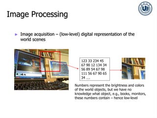 Image Processing
► Image acquisition – (low-level) digital representation of the
world scenes
123 33 234 45
67 90 12 134 34
56 89 54 67 98
111 56 67 90 65
34 ….
Numbers represent the brightness and colors
of the world objects, but we have no
knowledge what object, e.g., books, monitors,
these numbers contain – hence low-level
 