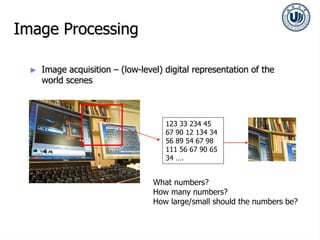 Image Processing
► Image acquisition – (low-level) digital representation of the
world scenes
123 33 234 45
67 90 12 134 34
56 89 54 67 98
111 56 67 90 65
34 ….
What numbers?
How many numbers?
How large/small should the numbers be?
 