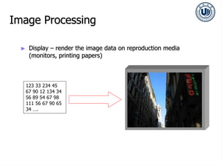 Image Processing
► Display – render the image data on reproduction media
(monitors, printing papers)
123 33 234 45
67 90 12 134 34
56 89 54 67 98
111 56 67 90 65
34 ….
 