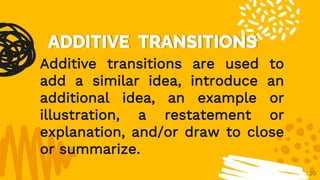 20
Additive transitions are used to
add a similar idea, introduce an
additional idea, an example or
illustration, a restatement or
explanation, and/or draw to close
or summarize.
 