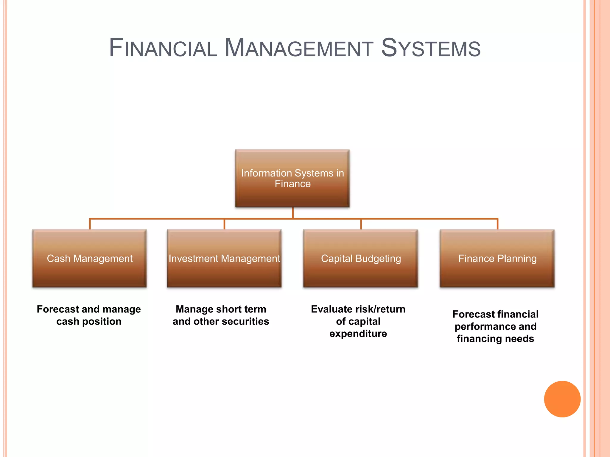 FINANCIAL MANAGEMENT SYSTEMS



                                    Information Systems in
                                           Finance




 Cash Management      Investment Management          Capital Budgeting    Finance Planning



Forecast and manage    Manage short term          Evaluate risk/return   Forecast financial
    cash position     and other securities             of capital        performance and
                                                     expenditure          financing needs
 