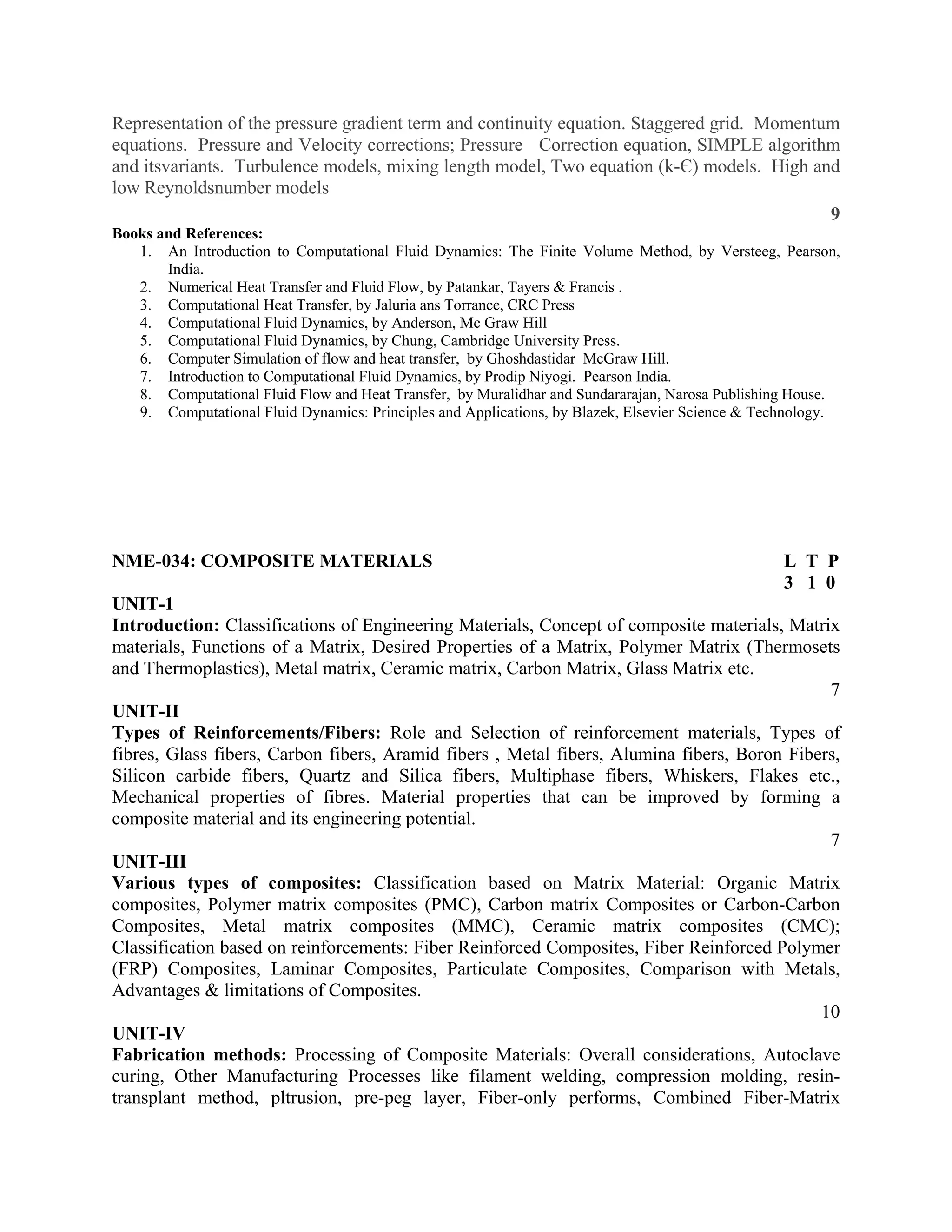 Representation of the pressure gradient term and continuity equation. Staggered grid. Momentum
equations. Pressure and Velocity corrections; Pressure Correction equation, SIMPLE algorithm
and itsvariants. Turbulence models, mixing length model, Two equation (k-Є) models. High and
low Reynoldsnumber models
9
Books and References:
1. An Introduction to Computational Fluid Dynamics: The Finite Volume Method, by Versteeg, Pearson,
India.
2. Numerical Heat Transfer and Fluid Flow, by Patankar, Tayers & Francis .
3. Computational Heat Transfer, by Jaluria ans Torrance, CRC Press
4. Computational Fluid Dynamics, by Anderson, Mc Graw Hill
5. Computational Fluid Dynamics, by Chung, Cambridge University Press.
6. Computer Simulation of flow and heat transfer, by Ghoshdastidar McGraw Hill.
7. Introduction to Computational Fluid Dynamics, by Prodip Niyogi. Pearson India.
8. Computational Fluid Flow and Heat Transfer, by Muralidhar and Sundararajan, Narosa Publishing House.
9. Computational Fluid Dynamics: Principles and Applications, by Blazek, Elsevier Science & Technology.
NME-034: COMPOSITE MATERIALS L T P
3 1 0
UNIT-1
Introduction: Classifications of Engineering Materials, Concept of composite materials, Matrix
materials, Functions of a Matrix, Desired Properties of a Matrix, Polymer Matrix (Thermosets
and Thermoplastics), Metal matrix, Ceramic matrix, Carbon Matrix, Glass Matrix etc.
7
UNIT-II
Types of Reinforcements/Fibers: Role and Selection of reinforcement materials, Types of
fibres, Glass fibers, Carbon fibers, Aramid fibers , Metal fibers, Alumina fibers, Boron Fibers,
Silicon carbide fibers, Quartz and Silica fibers, Multiphase fibers, Whiskers, Flakes etc.,
Mechanical properties of fibres. Material properties that can be improved by forming a
composite material and its engineering potential.
7
UNIT-III
Various types of composites: Classification based on Matrix Material: Organic Matrix
composites, Polymer matrix composites (PMC), Carbon matrix Composites or Carbon-Carbon
Composites, Metal matrix composites (MMC), Ceramic matrix composites (CMC);
Classification based on reinforcements: Fiber Reinforced Composites, Fiber Reinforced Polymer
(FRP) Composites, Laminar Composites, Particulate Composites, Comparison with Metals,
Advantages & limitations of Composites.
10
UNIT-IV
Fabrication methods: Processing of Composite Materials: Overall considerations, Autoclave
curing, Other Manufacturing Processes like filament welding, compression molding, resin-
transplant method, pltrusion, pre-peg layer, Fiber-only performs, Combined Fiber-Matrix
 