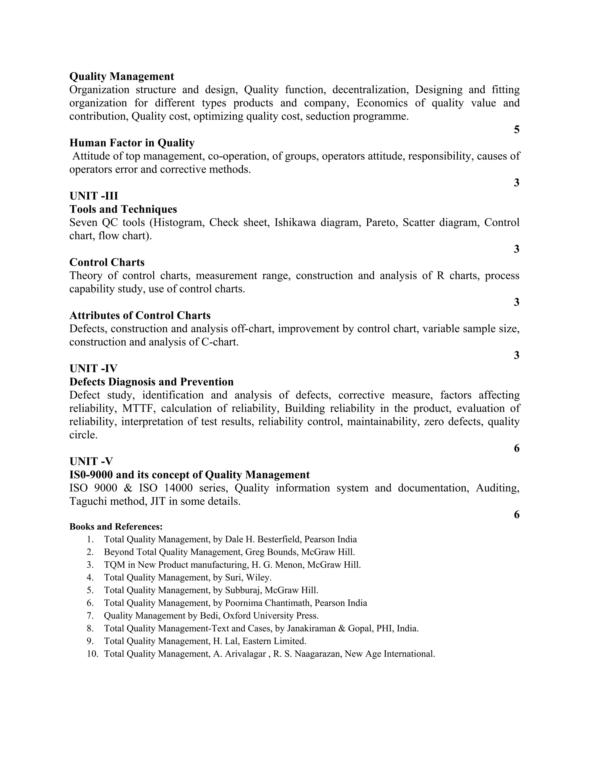 Quality Management
Organization structure and design, Quality function, decentralization, Designing and fitting
organization for different types products and company, Economics of quality value and
contribution, Quality cost, optimizing quality cost, seduction programme.
5
Human Factor in Quality
Attitude of top management, co-operation, of groups, operators attitude, responsibility, causes of
operators error and corrective methods.
3
UNIT -III
Tools and Techniques
Seven QC tools (Histogram, Check sheet, Ishikawa diagram, Pareto, Scatter diagram, Control
chart, flow chart).
3
Control Charts
Theory of control charts, measurement range, construction and analysis of R charts, process
capability study, use of control charts.
3
Attributes of Control Charts
Defects, construction and analysis off-chart, improvement by control chart, variable sample size,
construction and analysis of C-chart.
3
UNIT -IV
Defects Diagnosis and Prevention
Defect study, identification and analysis of defects, corrective measure, factors affecting
reliability, MTTF, calculation of reliability, Building reliability in the product, evaluation of
reliability, interpretation of test results, reliability control, maintainability, zero defects, quality
circle.
6
UNIT -V
IS0-9000 and its concept of Quality Management
ISO 9000 & ISO 14000 series, Quality information system and documentation, Auditing,
Taguchi method, JIT in some details.
6
Books and References:
1. Total Quality Management, by Dale H. Besterfield, Pearson India
2. Beyond Total Quality Management, Greg Bounds, McGraw Hill.
3. TQM in New Product manufacturing, H. G. Menon, McGraw Hill.
4. Total Quality Management, by Suri, Wiley.
5. Total Quality Management, by Subburaj, McGraw Hill.
6. Total Quality Management, by Poornima Chantimath, Pearson India
7. Quality Management by Bedi, Oxford University Press.
8. Total Quality Management-Text and Cases, by Janakiraman & Gopal, PHI, India.
9. Total Quality Management, H. Lal, Eastern Limited.
10. Total Quality Management, A. Arivalagar , R. S. Naagarazan, New Age International.
 