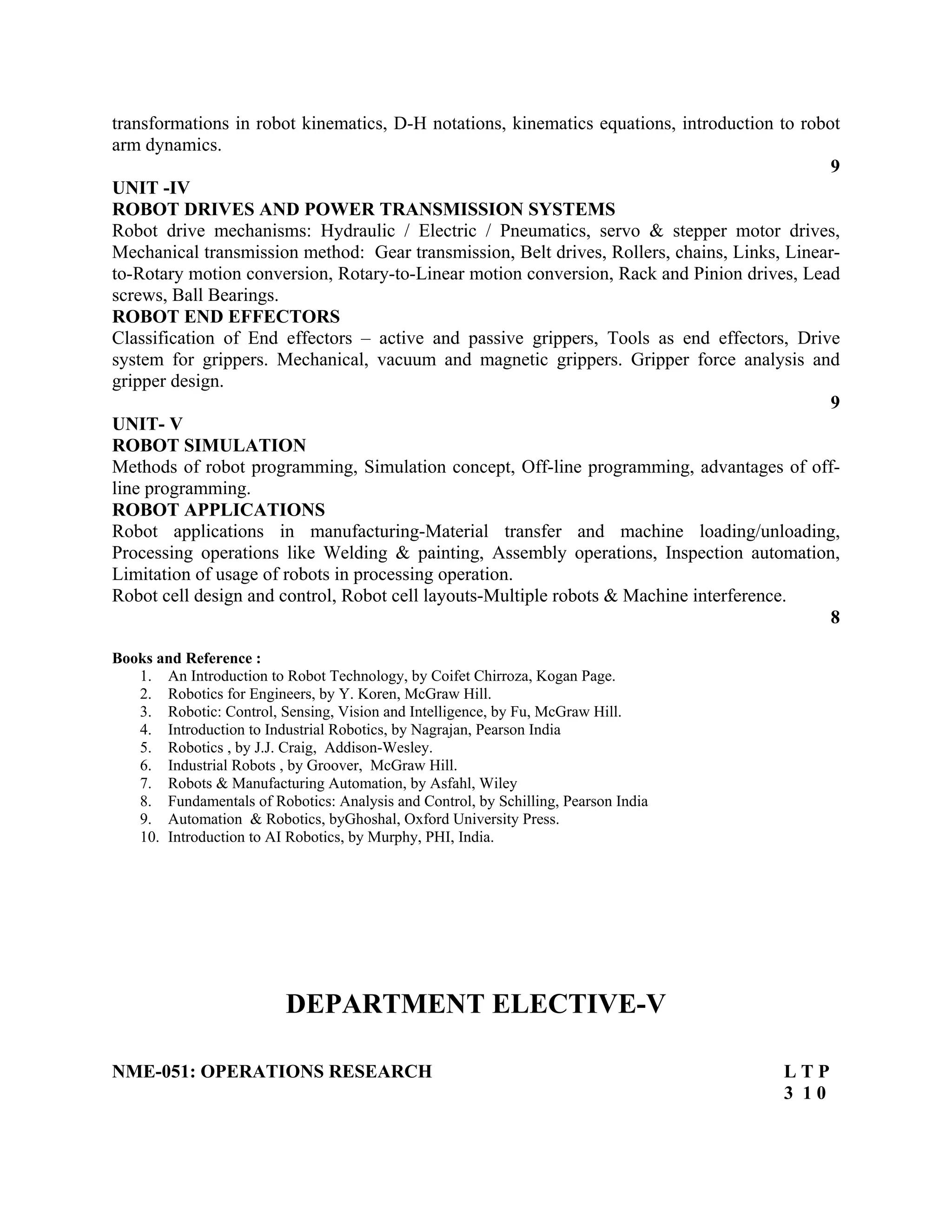 transformations in robot kinematics, D-H notations, kinematics equations, introduction to robot
arm dynamics.
9
UNIT -IV
ROBOT DRIVES AND POWER TRANSMISSION SYSTEMS
Robot drive mechanisms: Hydraulic / Electric / Pneumatics, servo & stepper motor drives,
Mechanical transmission method: Gear transmission, Belt drives, Rollers, chains, Links, Linear-
to-Rotary motion conversion, Rotary-to-Linear motion conversion, Rack and Pinion drives, Lead
screws, Ball Bearings.
ROBOT END EFFECTORS
Classification of End effectors – active and passive grippers, Tools as end effectors, Drive
system for grippers. Mechanical, vacuum and magnetic grippers. Gripper force analysis and
gripper design.
9
UNIT- V
ROBOT SIMULATION
Methods of robot programming, Simulation concept, Off-line programming, advantages of off-
line programming.
ROBOT APPLICATIONS
Robot applications in manufacturing-Material transfer and machine loading/unloading,
Processing operations like Welding & painting, Assembly operations, Inspection automation,
Limitation of usage of robots in processing operation.
Robot cell design and control, Robot cell layouts-Multiple robots & Machine interference.
8
Books and Reference :
1. An Introduction to Robot Technology, by Coifet Chirroza, Kogan Page.
2. Robotics for Engineers, by Y. Koren, McGraw Hill.
3. Robotic: Control, Sensing, Vision and Intelligence, by Fu, McGraw Hill.
4. Introduction to Industrial Robotics, by Nagrajan, Pearson India
5. Robotics , by J.J. Craig, Addison-Wesley.
6. Industrial Robots , by Groover, McGraw Hill.
7. Robots & Manufacturing Automation, by Asfahl, Wiley
8. Fundamentals of Robotics: Analysis and Control, by Schilling, Pearson India
9. Automation & Robotics, byGhoshal, Oxford University Press.
10. Introduction to AI Robotics, by Murphy, PHI, India.
DEPARTMENT ELECTIVE-V
NME-051: OPERATIONS RESEARCH L T P
3 1 0
 