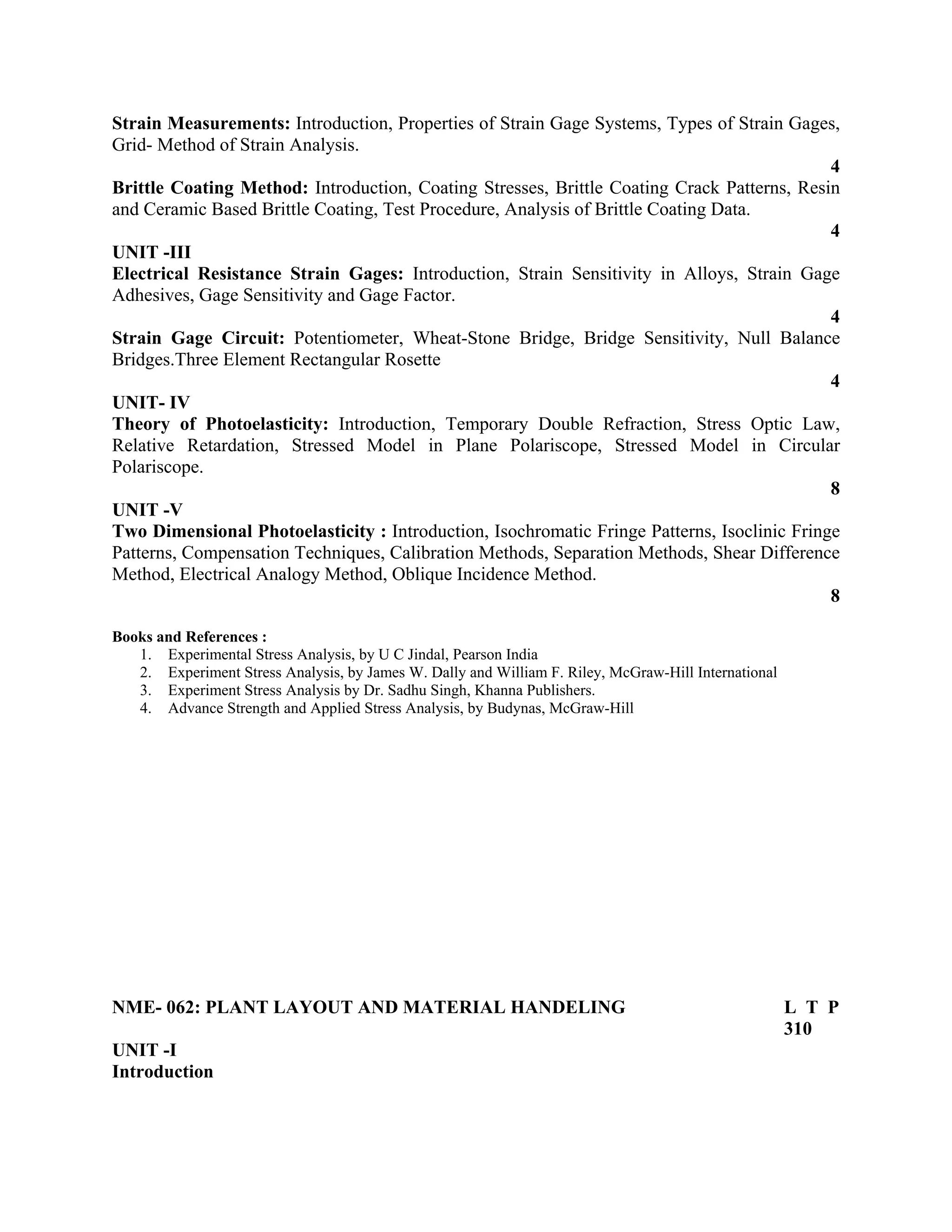 Strain Measurements: Introduction, Properties of Strain Gage Systems, Types of Strain Gages,
Grid- Method of Strain Analysis.
4
Brittle Coating Method: Introduction, Coating Stresses, Brittle Coating Crack Patterns, Resin
and Ceramic Based Brittle Coating, Test Procedure, Analysis of Brittle Coating Data.
4
UNIT -III
Electrical Resistance Strain Gages: Introduction, Strain Sensitivity in Alloys, Strain Gage
Adhesives, Gage Sensitivity and Gage Factor.
4
Strain Gage Circuit: Potentiometer, Wheat-Stone Bridge, Bridge Sensitivity, Null Balance
Bridges.Three Element Rectangular Rosette
4
UNIT- IV
Theory of Photoelasticity: Introduction, Temporary Double Refraction, Stress Optic Law,
Relative Retardation, Stressed Model in Plane Polariscope, Stressed Model in Circular
Polariscope.
8
UNIT -V
Two Dimensional Photoelasticity : Introduction, Isochromatic Fringe Patterns, Isoclinic Fringe
Patterns, Compensation Techniques, Calibration Methods, Separation Methods, Shear Difference
Method, Electrical Analogy Method, Oblique Incidence Method.
8
Books and References :
1. Experimental Stress Analysis, by U C Jindal, Pearson India
2. Experiment Stress Analysis, by James W. Dally and William F. Riley, McGraw-Hill International
3. Experiment Stress Analysis by Dr. Sadhu Singh, Khanna Publishers.
4. Advance Strength and Applied Stress Analysis, by Budynas, McGraw-Hill
NME- 062: PLANT LAYOUT AND MATERIAL HANDELING L T P
310
UNIT -I
Introduction
 