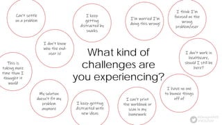 What kind of
challenges are
you experiencing?
#VDS2020
@Design4AHS
I keep
getting
distracted by
snacks
I don’t work in
healthcare,
should I still be
here?
I keep getting
distracted with
new ideas
I’m worried I’m
doing this wrong!
I have no one
to bounce things
off ofI can’t print
the workbook or
scan in my
homework
My solution
doesn’t fit my
problem
anymore
Can’t settle
on a problem
This is
taking more
time than I
thought it
would
I don’t know
who the end-
user is!
I think I’m
focused on the
wrong
problem/user
 