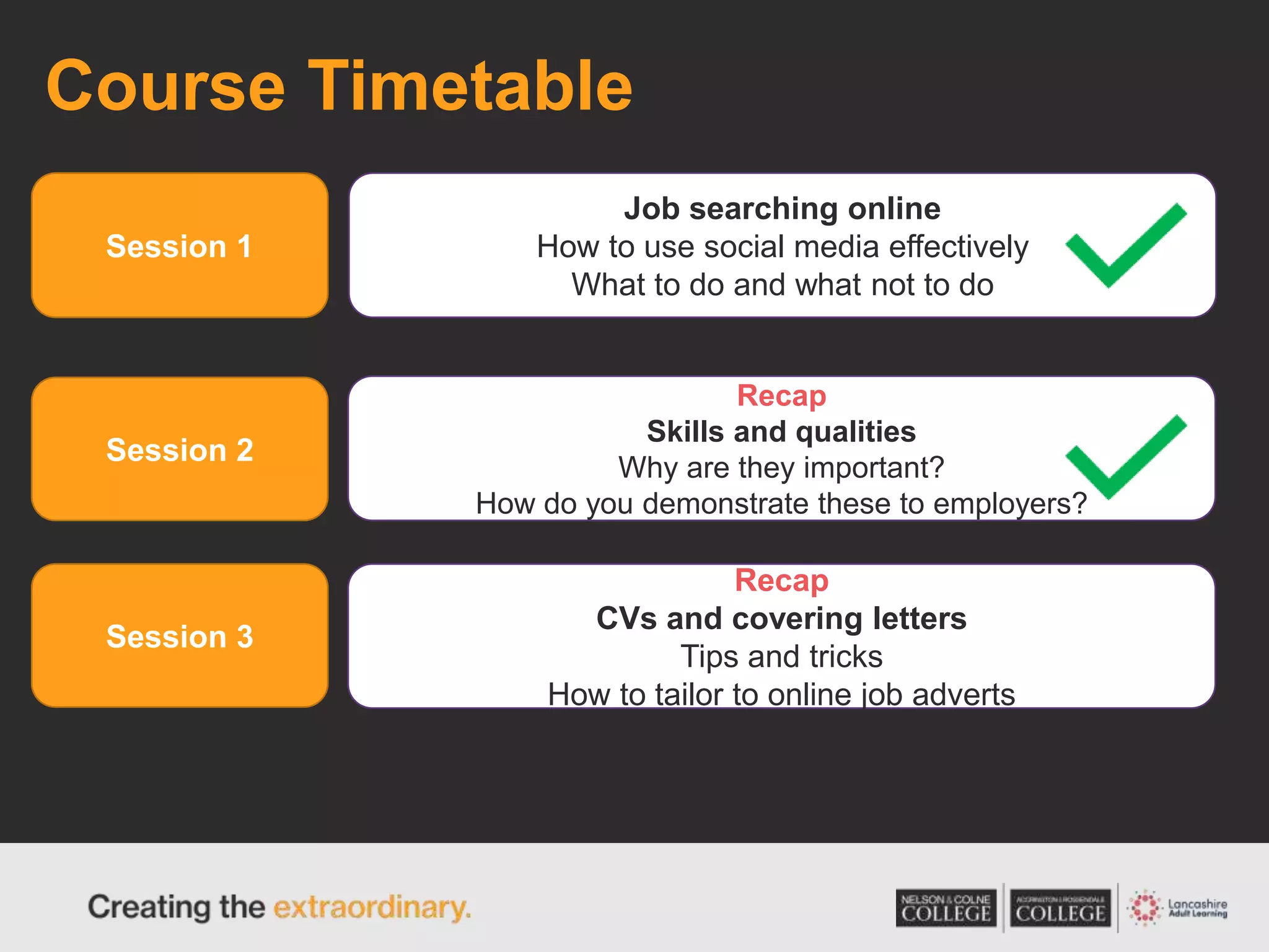 Course Timetable
Session 1
Session 2
Session 3
Job searching online
How to use social media effectively
What to do and what not to do
Recap
Skills and qualities
Why are they important?
How do you demonstrate these to employers?
Recap
CVs and covering letters
Tips and tricks
How to tailor to online job adverts
 