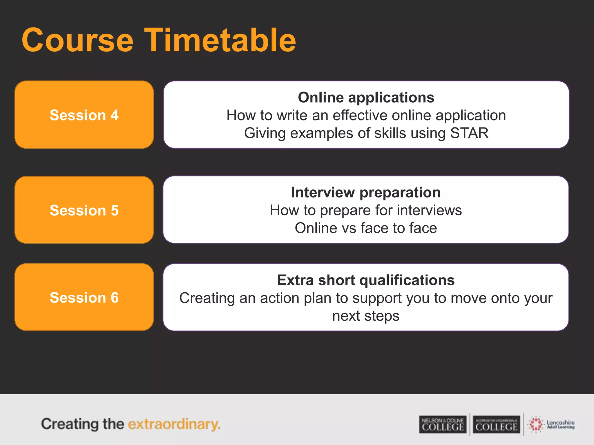 Course Timetable
Session 4
Session 5
Session 6
Online applications
How to write an effective online application
Giving examples of skills using STAR
Interview preparation
How to prepare for interviews
Online vs face to face
Extra short qualifications
Creating an action plan to support you to move onto your
next steps
 