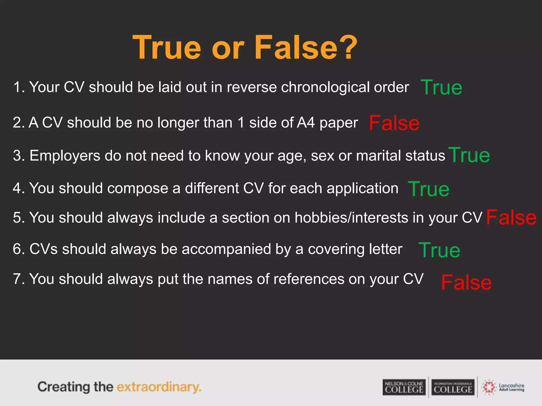 True or False?
1. Your CV should be laid out in reverse chronological order
4. You should compose a different CV for each application
6. CVs should always be accompanied by a covering letter
3. Employers do not need to know your age, sex or marital status
5. You should always include a section on hobbies/interests in your CV
2. A CV should be no longer than 1 side of A4 paper
7. You should always put the names of references on your CV
True
True
True
True
False
False
False
 