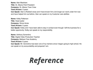 Name:​ Alan Mashtare
Title:​ St. Albans Park President
Company:​ St. Albans Town Crew
Years Known:​ 5 years
Can Speak:​ Alan is Robbie's boss and I have known him a lot longer as I work under him now
and have helped him out before. Alan can speak on my Customer care abilities
Name:​ Kolby Patterson
Title:​ Head waiter
Company:​ Shore Acres
Years Known:​ 5 years
Can Speak:​ Kolby and I have been able to stay in contact even though I left the business for a
better opportunity. Kolby can speak on my responsibility
Name:​ Anthony Sorrentino
Title:​ Digital Video Production Teacher
Company: ​Bellows Free Academy
Years Known:​ 6 years
Can Speak:​ Mr. Sorrentino has been one of my mentors since I began going to high school. He
can speak on my accountability and prepared I am.
Reference
 