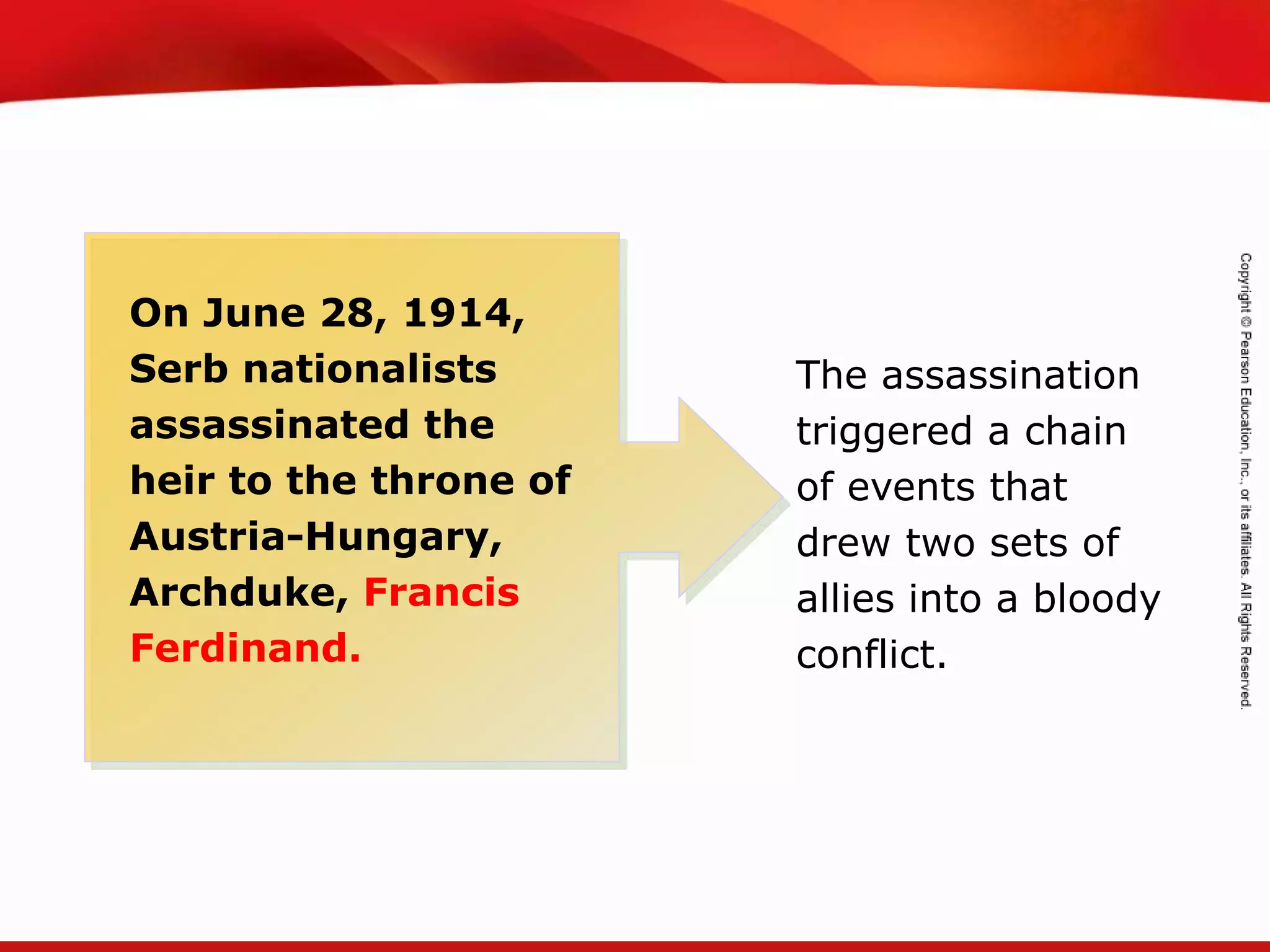 TEKS 8C: Calculate percent composition and empirical and molecular formulas.
The assassination
triggered a chain
of events that
drew two sets of
allies into a bloody
conflict.
On June 28, 1914,
Serb nationalists
assassinated the
heir to the throne of
Austria-Hungary,
Archduke, Francis
Ferdinand.
 