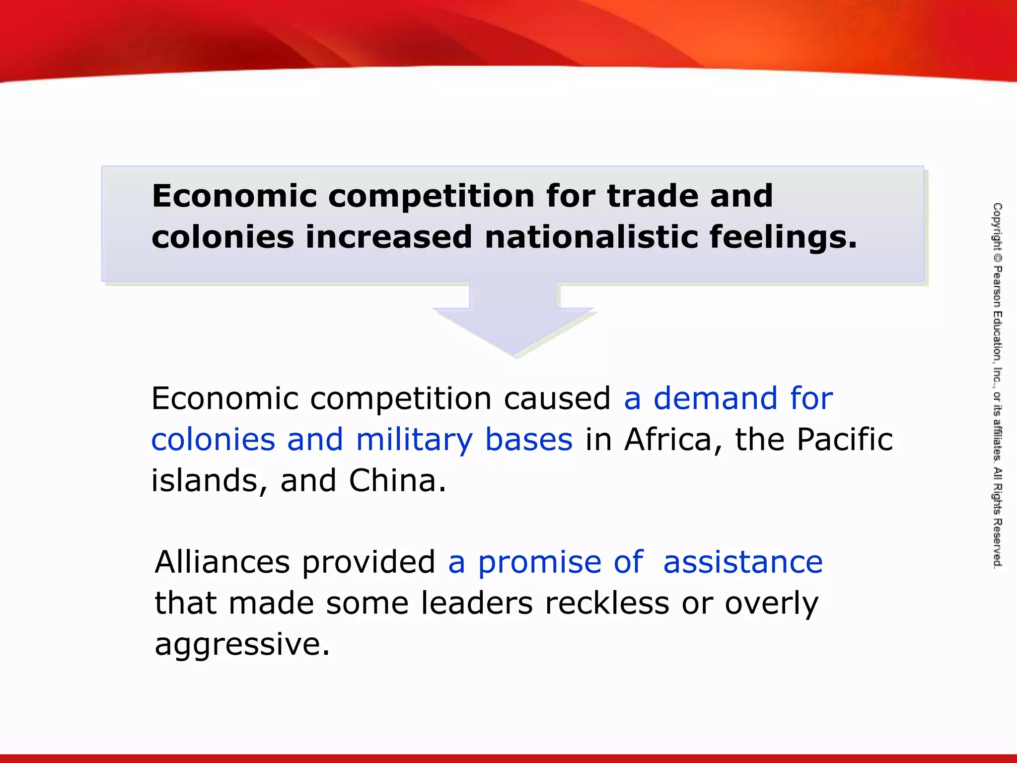 TEKS 8C: Calculate percent composition and empirical and molecular formulas.
Economic competition caused a demand for
colonies and military bases in Africa, the Pacific
islands, and China.
Economic competition for trade and
colonies increased nationalistic feelings.
Alliances provided a promise of assistance
that made some leaders reckless or overly
aggressive.
 