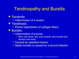 Mosby items and derived items © 2012 Mosby, Inc., an imprint of Elsevier Inc. 11
Tendinopathy and Bursitis
 Tendinitis
 Inflammation of a tendon
 Tendinosis
 Painful degradation of collagen fibers
 Bursitis
 Inflammation of a bursa
• Skin over bone, skin over muscle, and muscle and
tendon over bone
 Caused by repeated trauma
 Septic bursitis is caused by a wound infection
 