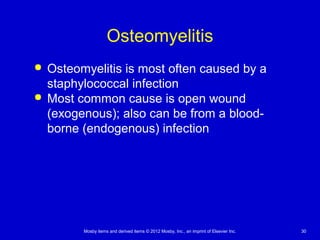 Mosby items and derived items © 2012 Mosby, Inc., an imprint of Elsevier Inc. 30
Osteomyelitis
 Osteomyelitis is most often caused by a
staphylococcal infection
 Most common cause is open wound
(exogenous); also can be from a blood-
borne (endogenous) infection
 