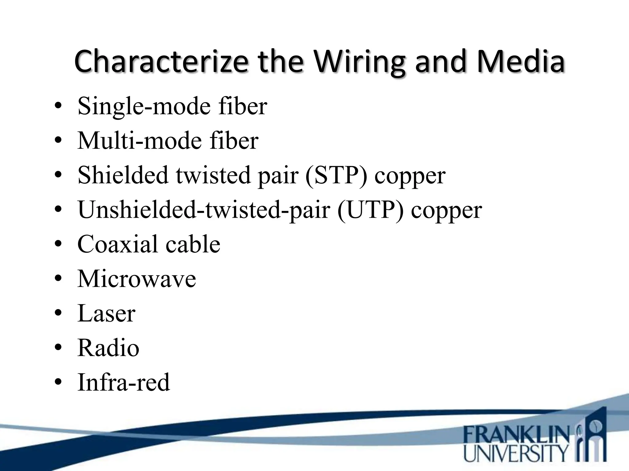 Characterize the Wiring and Media
• Single-mode fiber
• Multi-mode fiber
• Shielded twisted pair (STP) copper
• Unshielded-twisted-pair (UTP) copper
• Coaxial cable
• Microwave
• Laser
• Radio
• Infra-red
 
