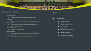 BASIC SECURITY ISSUES:
 Confidentiality
 Disclose information only to authorized users
 Integrity
 Ensure that data is not modified without authorization
 Availability
 Decide who has access to information and how to
make access effective
 Authentication
 Identify a user securely
 Authorization
 Define a set of allowed actions for authorized users
 Non repudiation
 Log users, their actions, and the objects used.
Threats
 Stride model
 Spoofing identity
 Tampering with data
 Repudiation
 Information disclosure
 Denial of service
 Elevation of priviledge
 