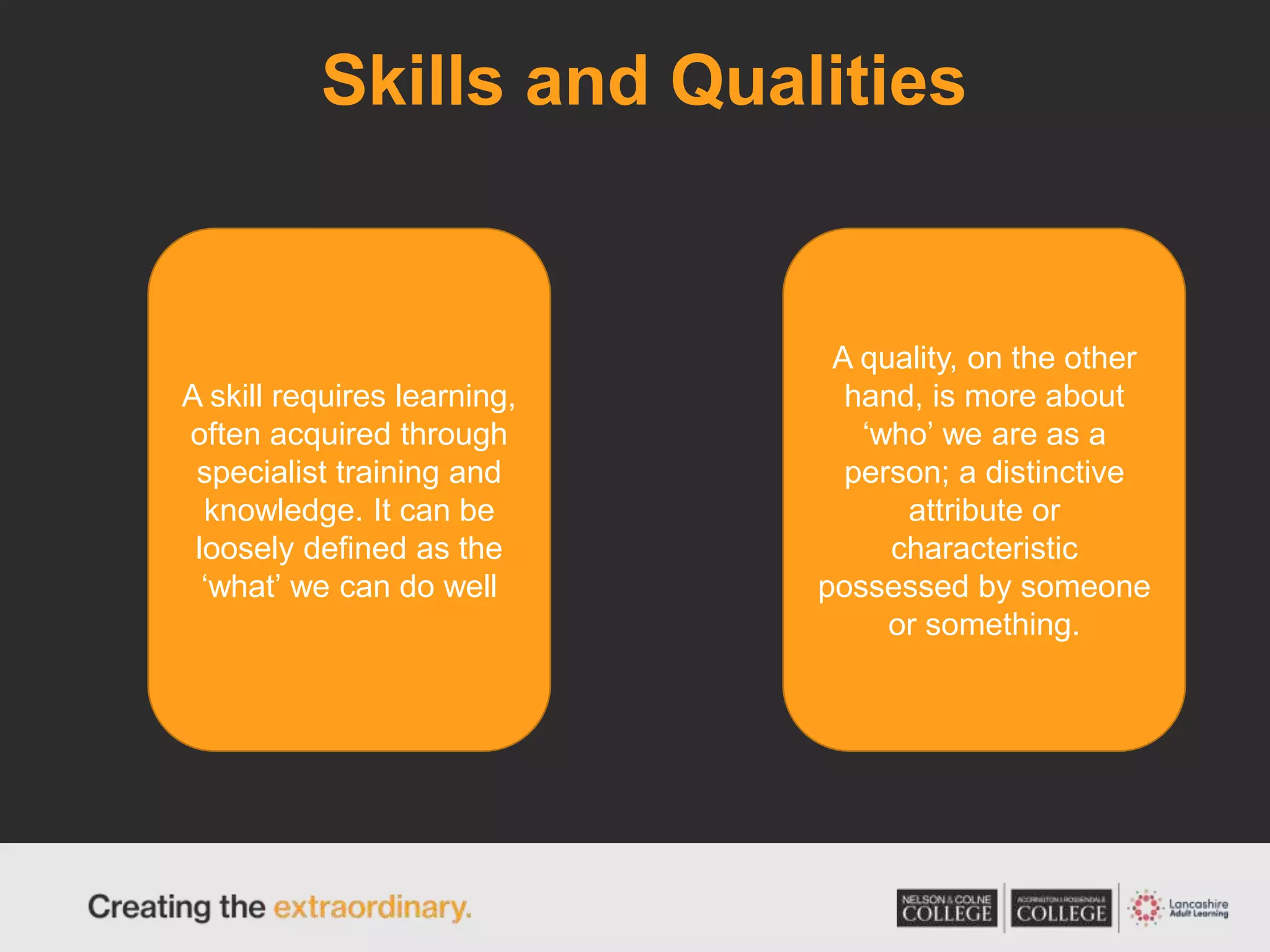 Skills and Qualities
A skill requires learning,
often acquired through
specialist training and
knowledge. It can be
loosely defined as the
‘what’ we can do well
A quality, on the other
hand, is more about
‘who’ we are as a
person; a distinctive
attribute or
characteristic
possessed by someone
or something.
 