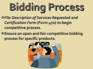 Bidding Process File  Description of Services Requested and Certification Form  (Form 470) to begin competitive process.  Ensure an open and fair competitive bidding process for specific products. 