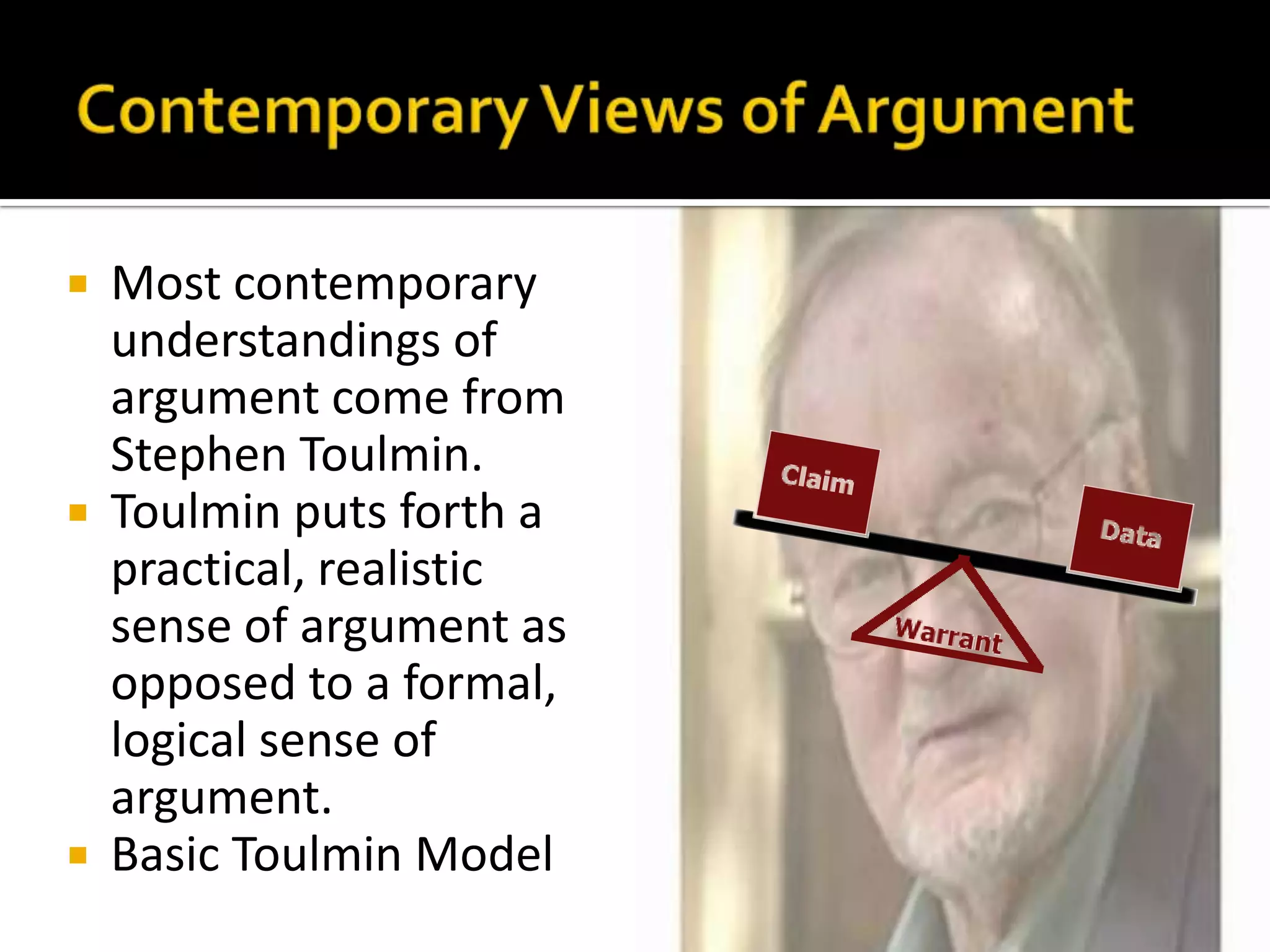 Contemporary Views of ArgumentMost contemporary understandings of argument come from Stephen Toulmin.Toulmin puts forth a practical, realistic sense of argument as opposed to a formal, logical sense of argument.Basic Toulmin Model