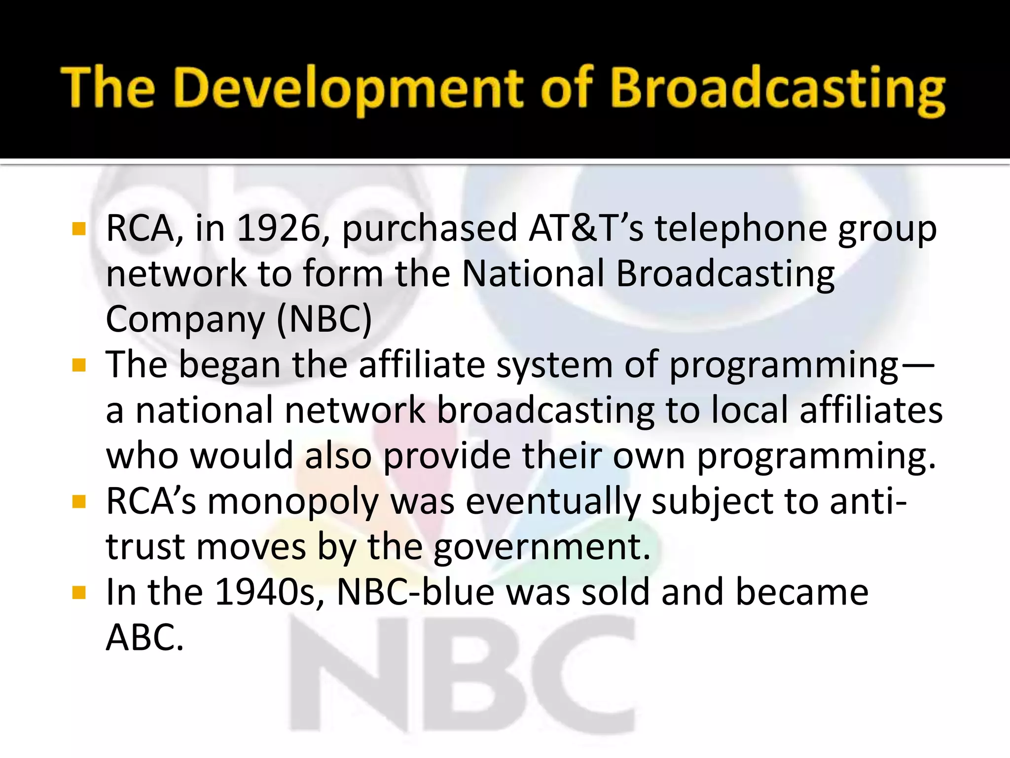 From Film to TVTelevision represented the merger of motion picture technology with broadcasting technology.Telegraphs (1840s) and telephones (1870s) were examples of narrowcast communication media. Both were also dependent upon wired transmission.