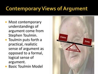 Contemporary Views of ArgumentMost contemporary understandings of argument come from Stephen Toulmin.Toulmin puts forth a practical, realistic sense of argument as opposed to a formal, logical sense of argument.Basic Toulmin Model