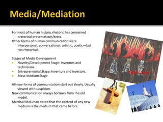 Media/MediationFor most of human history, rhetoric has concerned oratorical presentations/texts.Other forms of human communication were interpersonal, conversational, artistic, poetic—but not rhetorical.Stages of Media DevelopmentNovelty/Development Stage: Inventors and technicians.Entrepreneurial Stage: Inventors and investors.Mass-Medium StageAll new forms of communication start out slowly. Usually viewed with suspicion.New communication always borrows from the old model.Marshall McLuhan noted that the content of any new medium is the medium that came before.Plato’s Cave