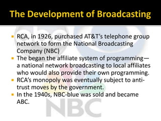From Film to TVTelevision represented the merger of motion picture technology with broadcasting technology.Telegraphs (1840s) and telephones (1870s) were examples of narrowcast communication media. Both were also dependent upon wired transmission.