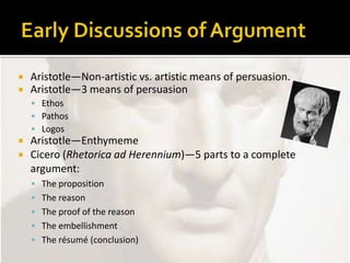 Early Discussions of ArgumentAristotle—Non-artistic vs. artistic means of persuasion.Aristotle—3 means of persuasionEthosPathosLogosAristotle—EnthymemeCicero (Rhetorica ad Herennium)—5 parts to a complete argument:The propositionThe reasonThe proof of the reasonThe embellishmentThe résumé (conclusion)