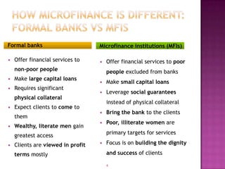Traditional Relief?6How Microfinance Is Different: Formal Banks vs MFIsFormal banksOffer financial services to non-poor people