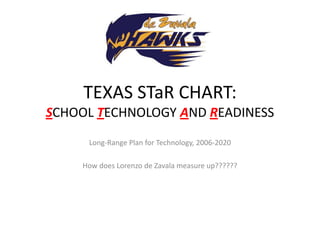 TEXAS STaR CHART:
SCHOOL TECHNOLOGY AND READINESS
     Long-Range Plan for Technology, 2006-2020

    How does Lorenzo de Zavala measure up??????
 