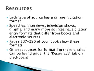  Each type of source has a different citation
format
 Speeches, interviews, television shows,
graphs, and many more sources have citation
entry formats that differ from books and
electronic sources.
 Pages 387-396 of your book show these
formats
 Other resources for formatting these entries
can be found under the “Resources” tab on
Blackboard
 