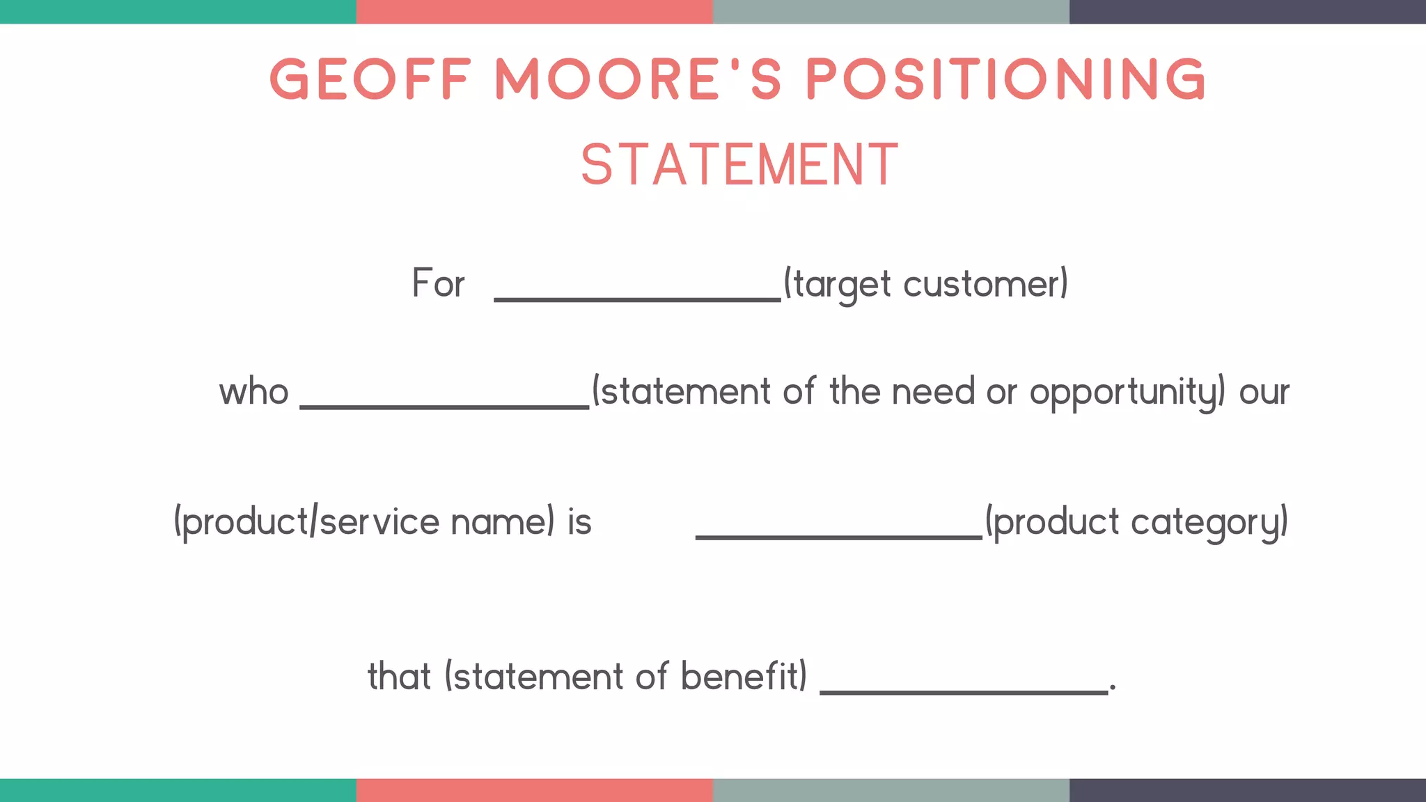 GEOFF MOORE’S POSITIONING
STATEMENT
For (target customer)
who (statement of the need or opportunity) our
(product/service name) is (product category)
that (statement of benefit) .
 