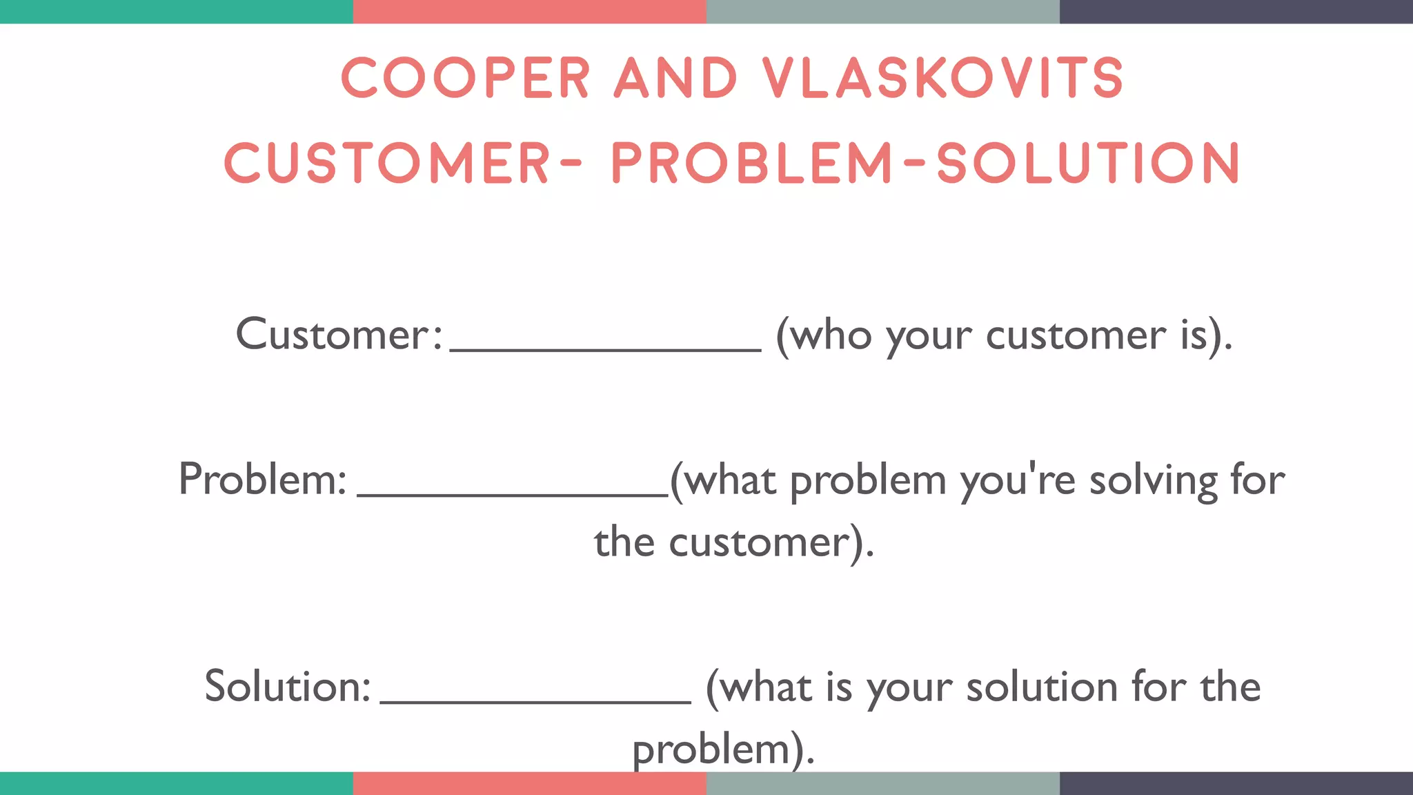 COOPER AND VLASKOVITS
CUSTOMER- PROBLEM-SOLUTION
Customer: (who your customer is).
Problem: (what problem you're solving for
the customer).
Solution: (what is your solution for the
problem).
 
