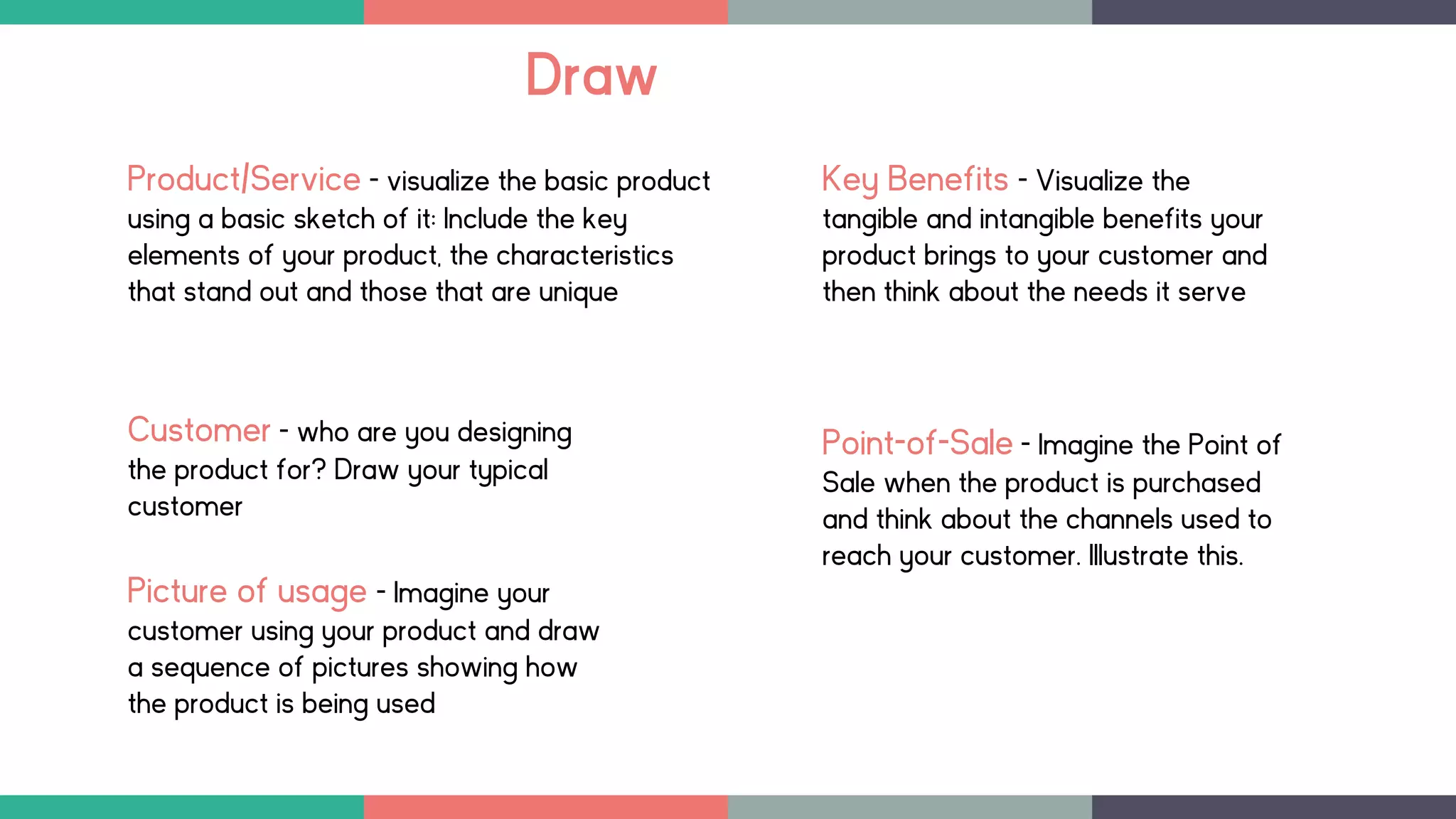 Draw
Product/Service – visualize the basic product
using a basic sketch of it: Include the key
elements of your product, the characteristics
that stand out and those that are unique
Picture of usage - Imagine your
customer using your product and draw
a sequence of pictures showing how
the product is being used
Customer - who are you designing
the product for? Draw your typical
customer
Point-of-Sale – Imagine the Point of
Sale when the product is purchased
and think about the channels used to
reach your customer. Illustrate this.
Key Benefits – Visualize the
tangible and intangible benefits your
product brings to your customer and
then think about the needs it serve
 
