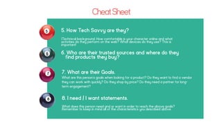CheatSheet
5. How Tech Savvy are they?
(Technical background. How comfortable is your character online and what
activities do they perform on the web? What devices do they use? This is
important!
6. Who are their trusted sources and where do they
find products they buy?
7. What are their Goals.
What are this person’s goals when looking for a product? Do they want to find a vendor
they can work with quickly? Do they shop by price? Do they need a partner for long-
term engagement?
8. I need / I want statements.
What does this person need and or want in order to reach the above goals?
Remember to keep in mind all of the characteristics you described above.
 